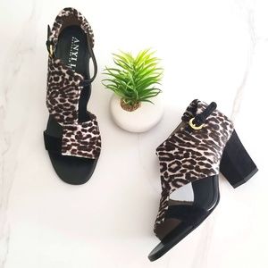 ANYI LU Electra Sandals Open Toe Leopard Animal Print Pony Hair Black Shoes NEW